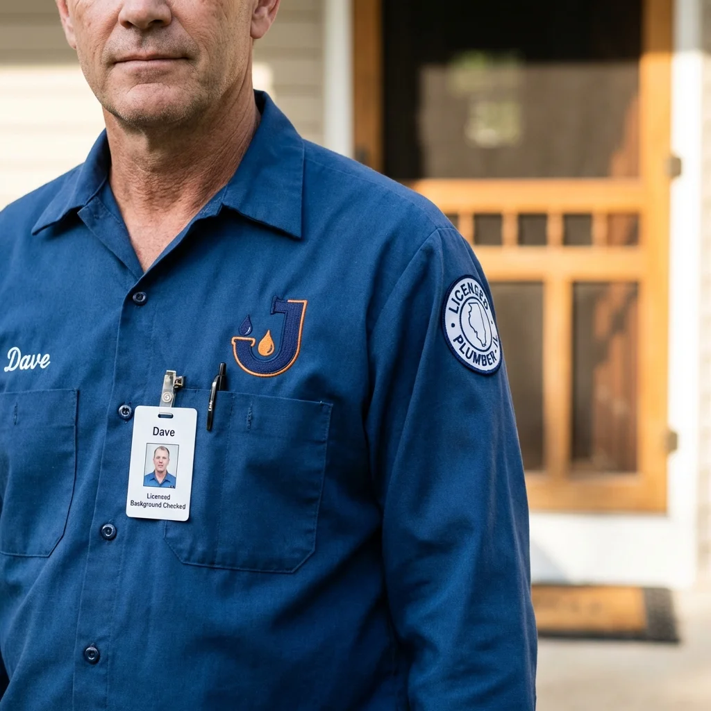 Licensed plumber showing ID badge in Dallas, OR