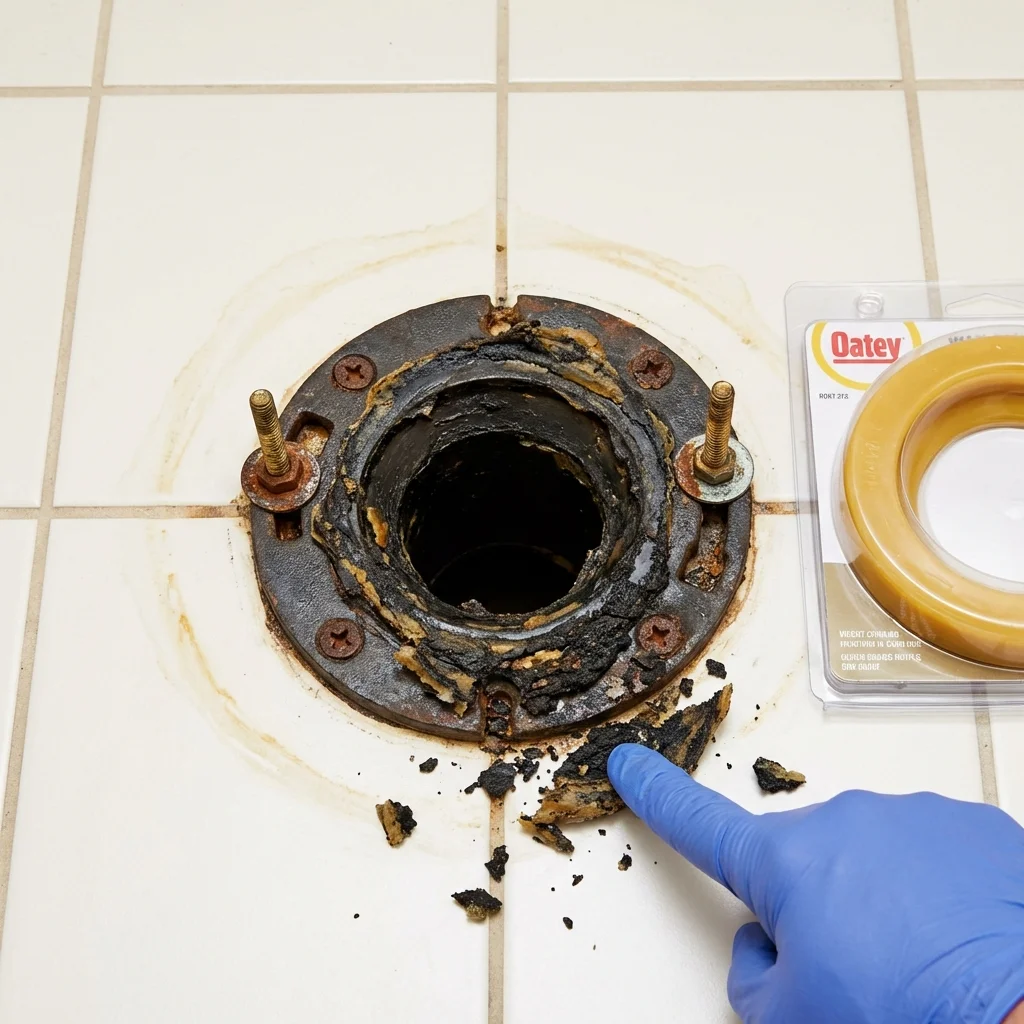 Failed wax ring showing water seepage at the base of a toilet in a Dallas, OR home