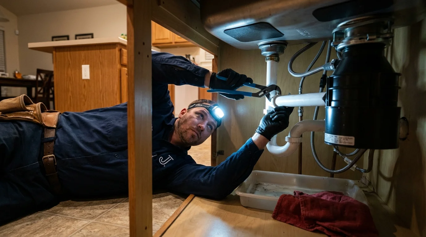 P-trap and supply line connections under a kitchen sink showing a common leak point in Dallas, OR